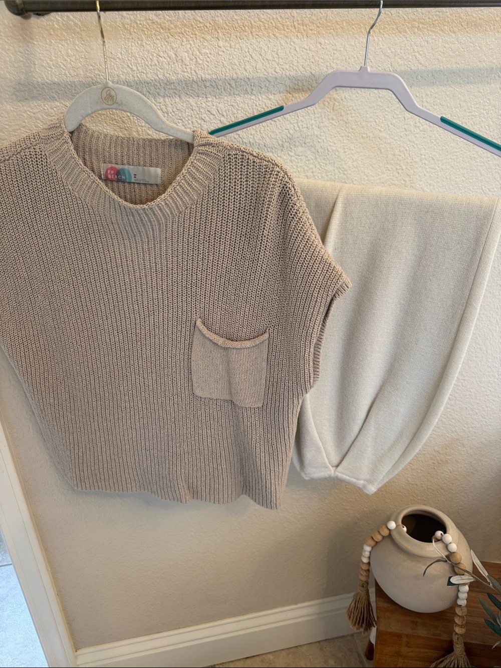 Free People Sleeveless Crew Knit Pocket Sweater and pant set in Light Beige